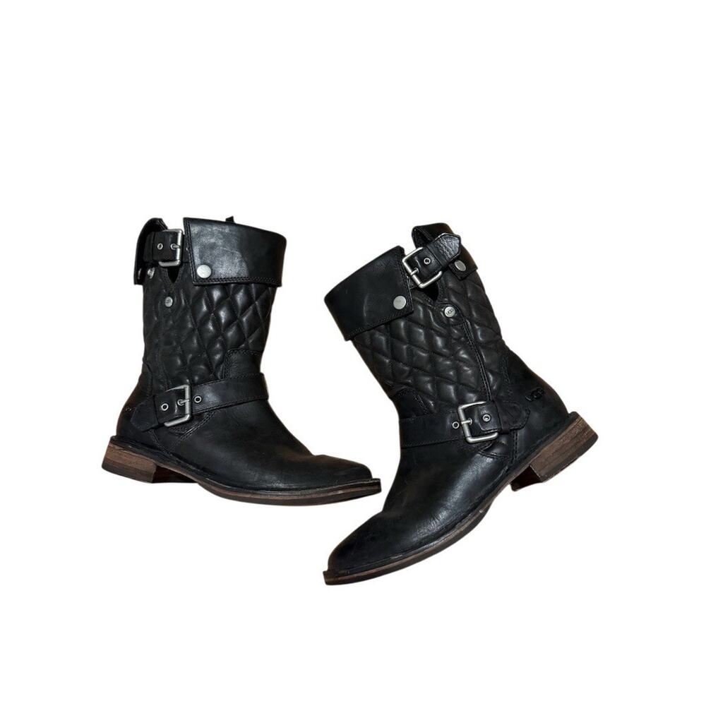 UGG Conor Moto Biker Boots Womens Black Quilted Buckle Side Zip size 6.5